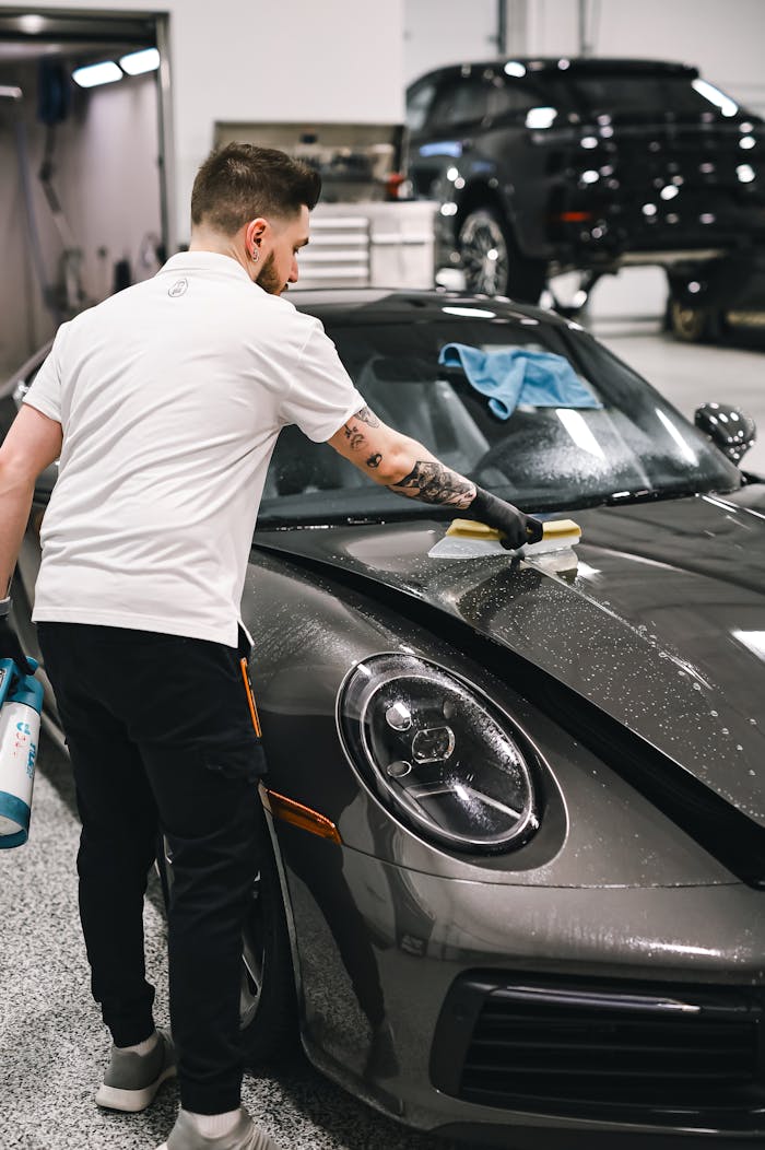 service-02 Man professionally detailing a black sports car hood in a modern garage.